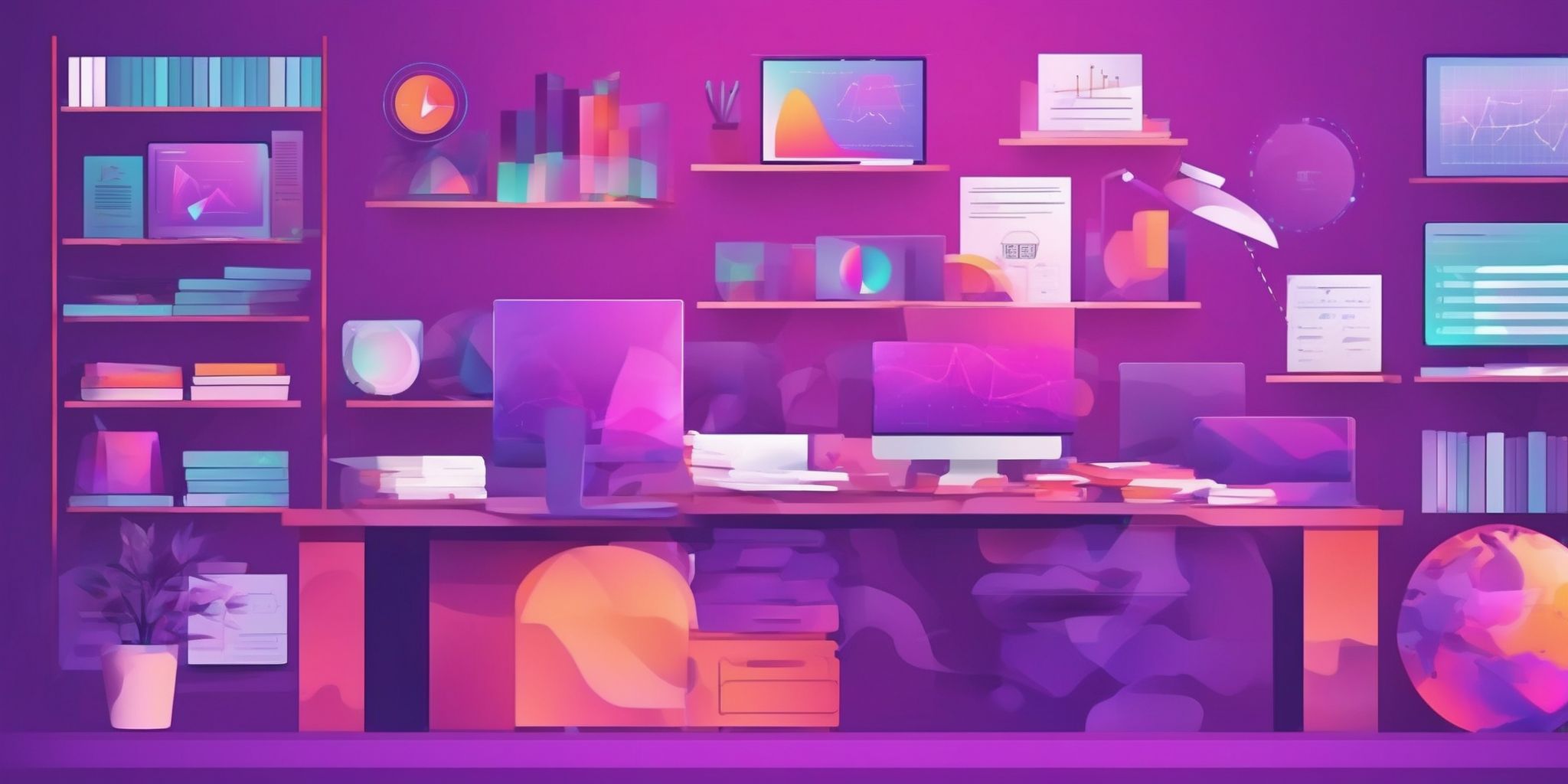 Reports in flat illustration style, colorful purple gradient colors