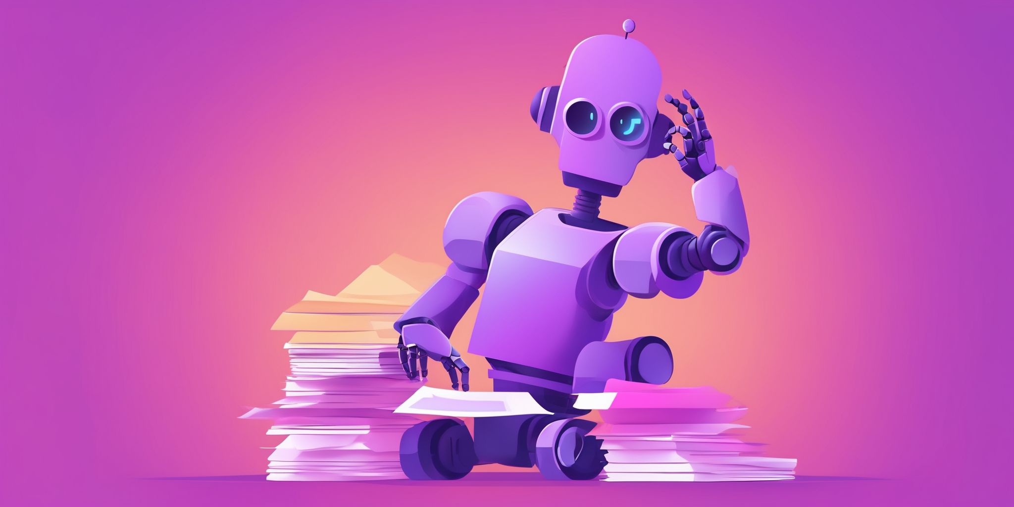 robot and stack of papers in flat illustration style, colorful purple gradient colors