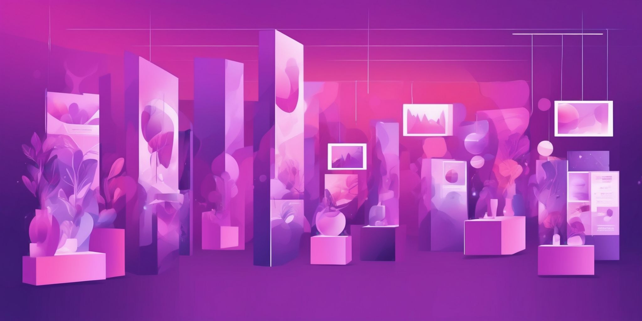 Exhibition in flat illustration style, colorful purple gradient colors