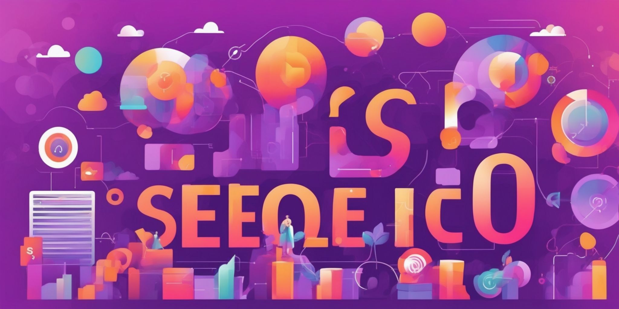 SEO in flat illustration style, colorful purple gradient colors