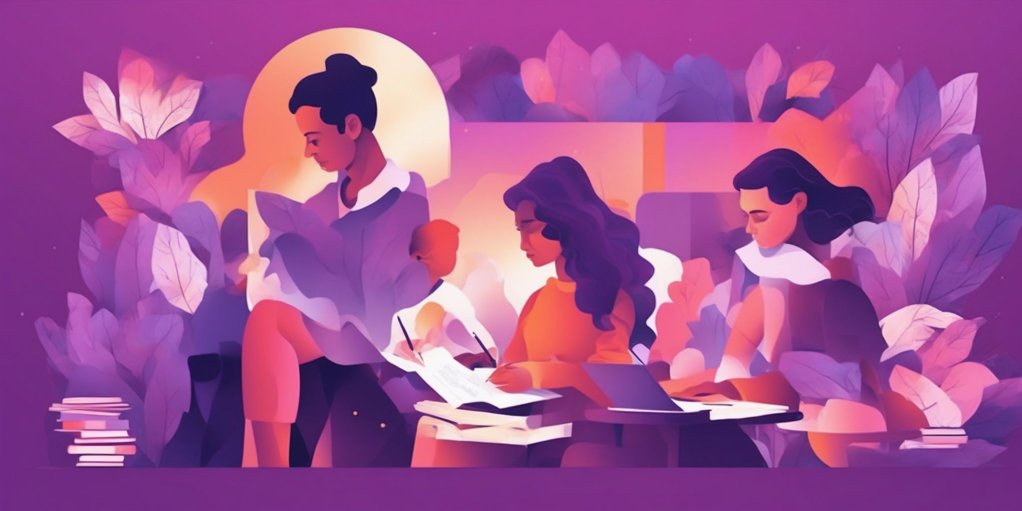 Writers in flat illustration style, colorful purple gradient colors
