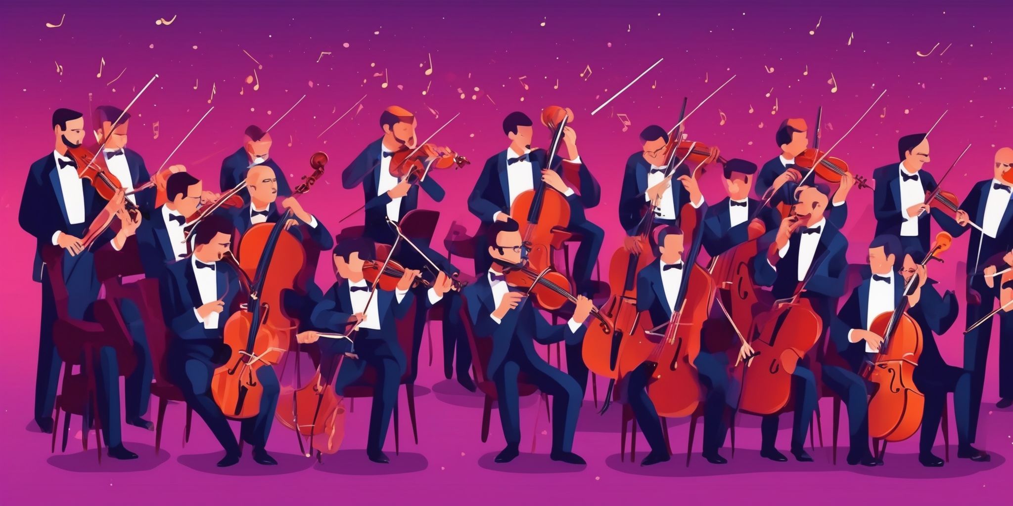 Orchestra in flat illustration style, colorful purple gradient colors
