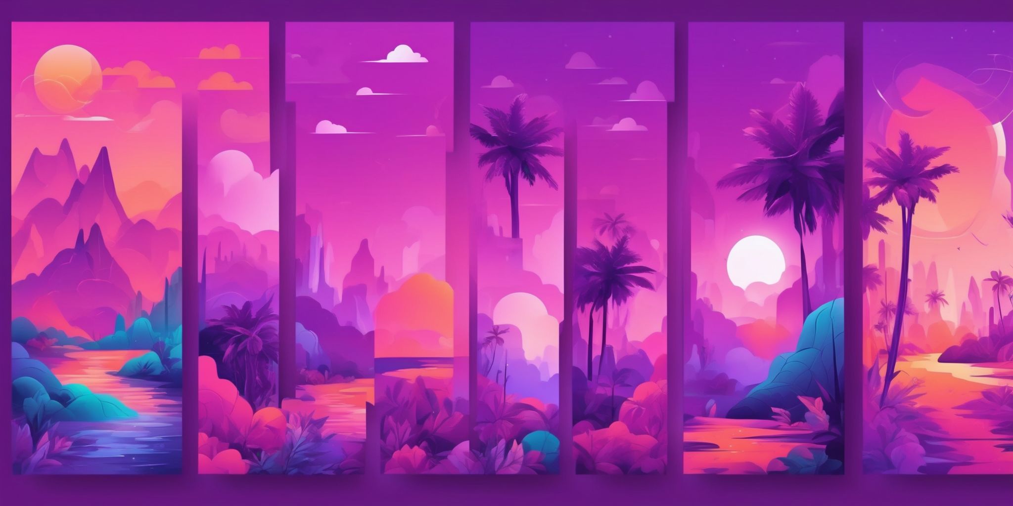 Images in flat illustration style, colorful purple gradient colors