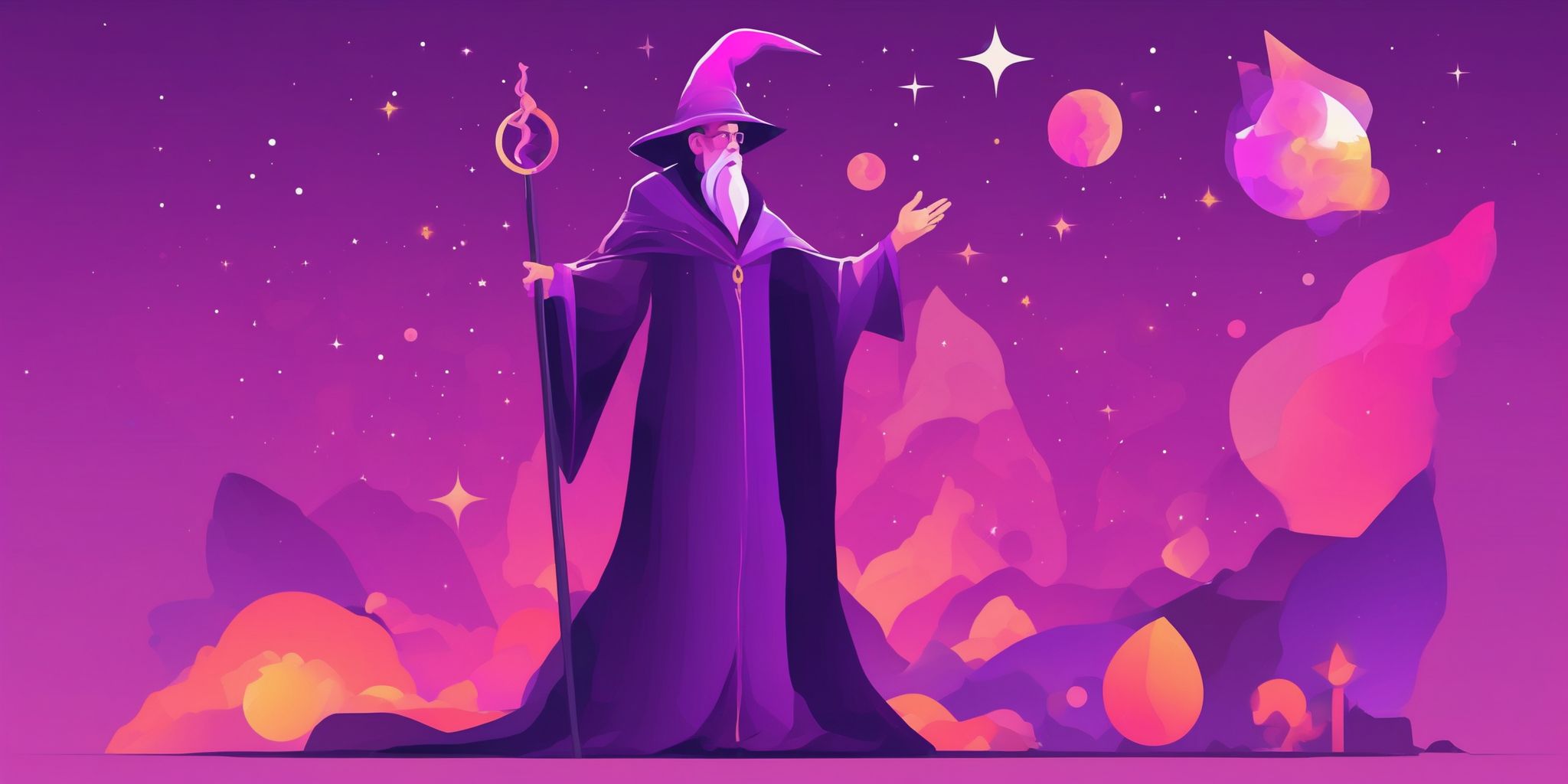 Image Metaphor: Wizard in flat illustration style, colorful purple gradient colors
