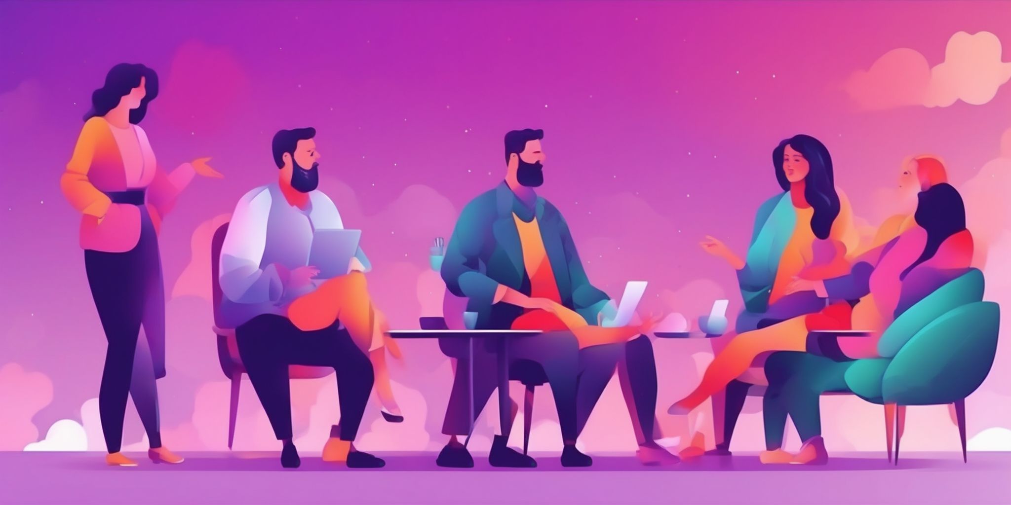 Conversation in flat illustration style, colorful purple gradient colors