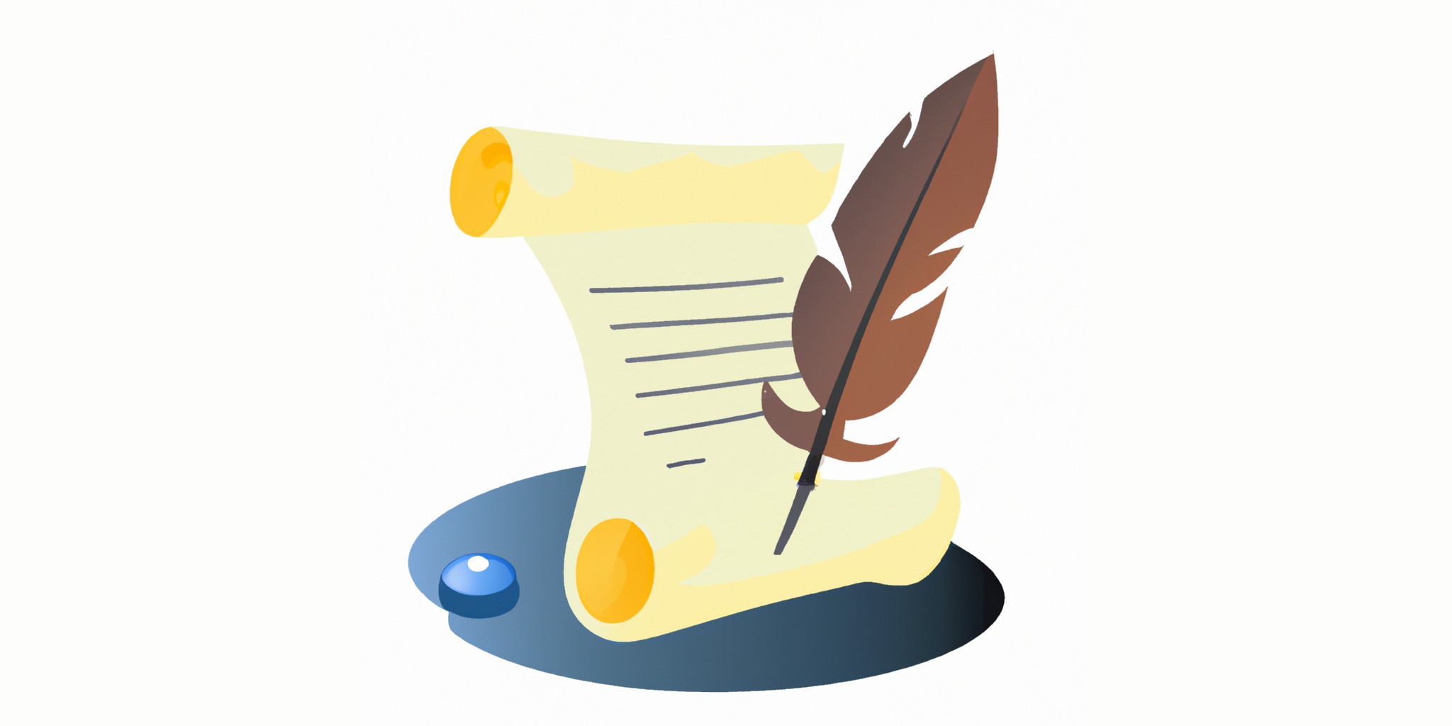 a quill and scroll in flat illustration style with gradients and white background