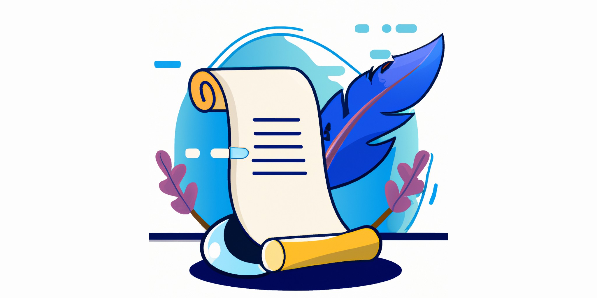 a quill and scroll in flat illustration style with gradients and white background