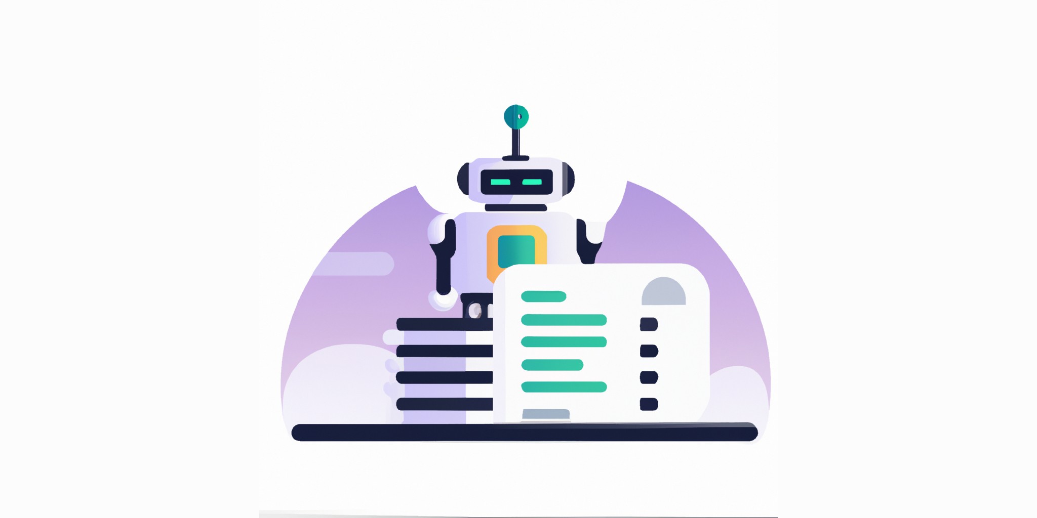 a robot and stack of papers in flat illustration style with gradients and white background