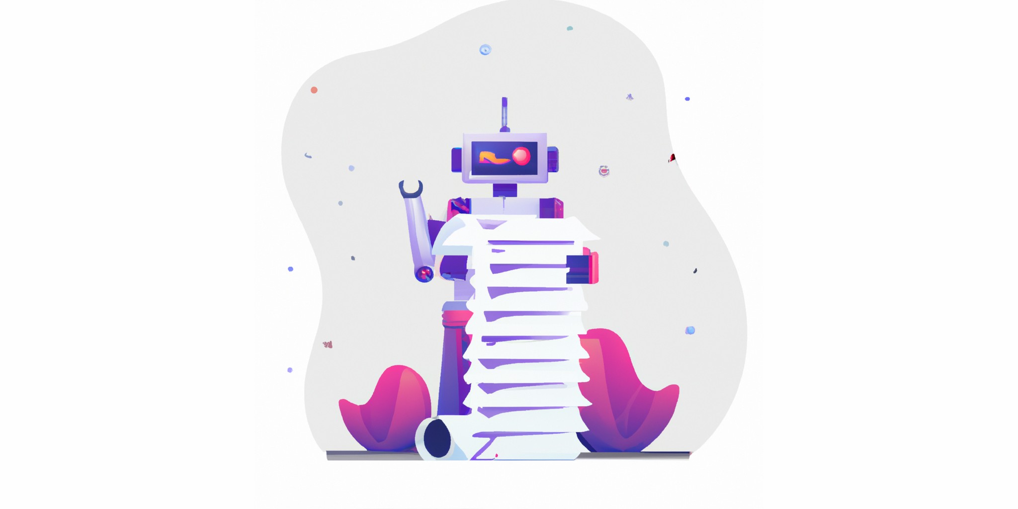 a robot and stack of papers in flat illustration style with gradients and white background