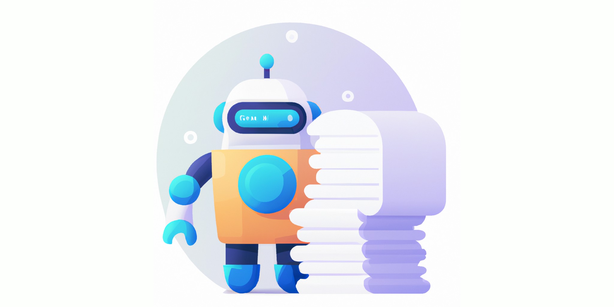 a robot and stack of papers in flat illustration style with gradients and white background