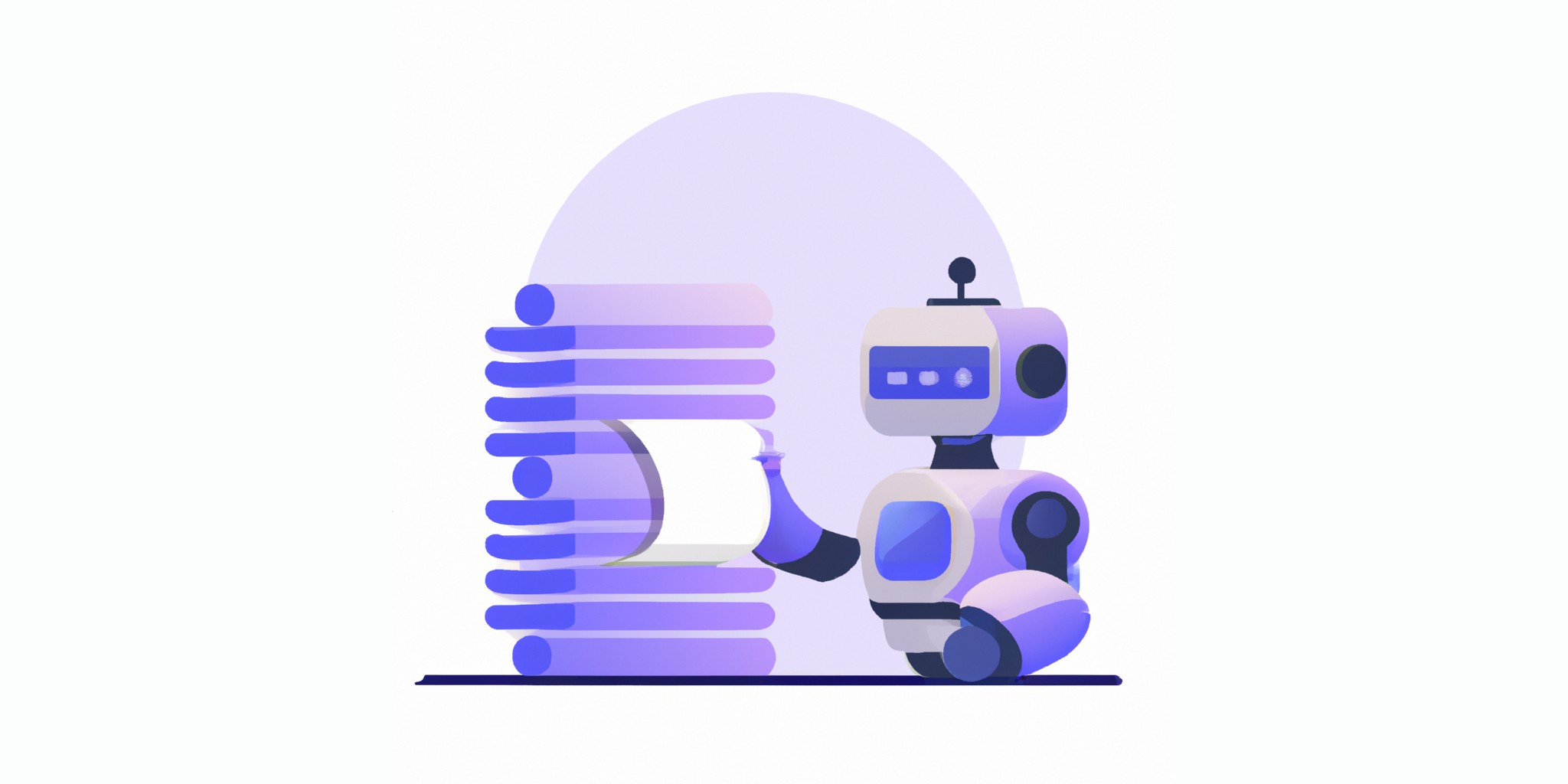 a robot and stack of papers in flat illustration style with gradients and white background