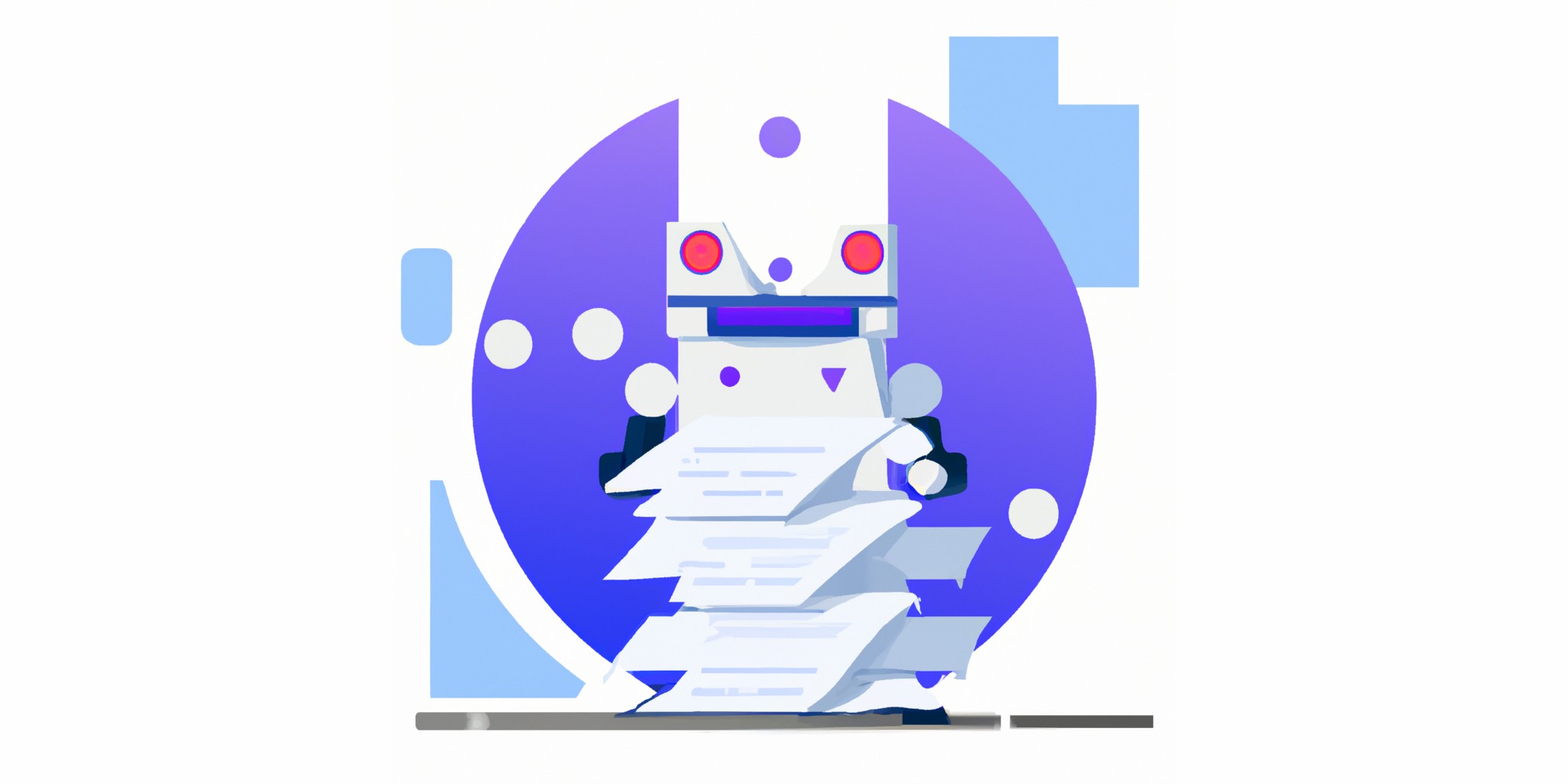 a robot and stack of papers in flat illustration style with gradients and white background