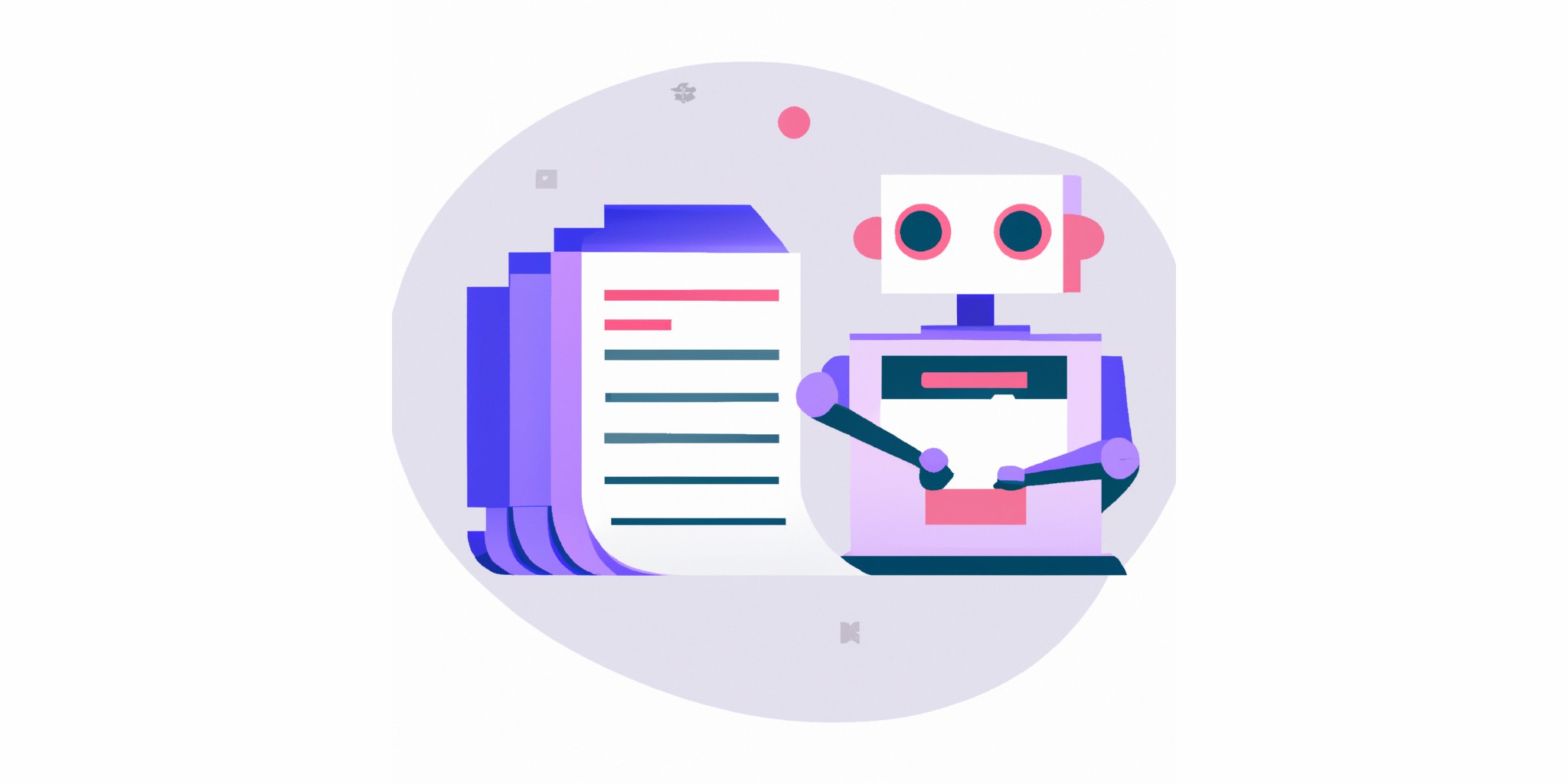 a robot and stack of papers in flat illustration style with gradients and white background