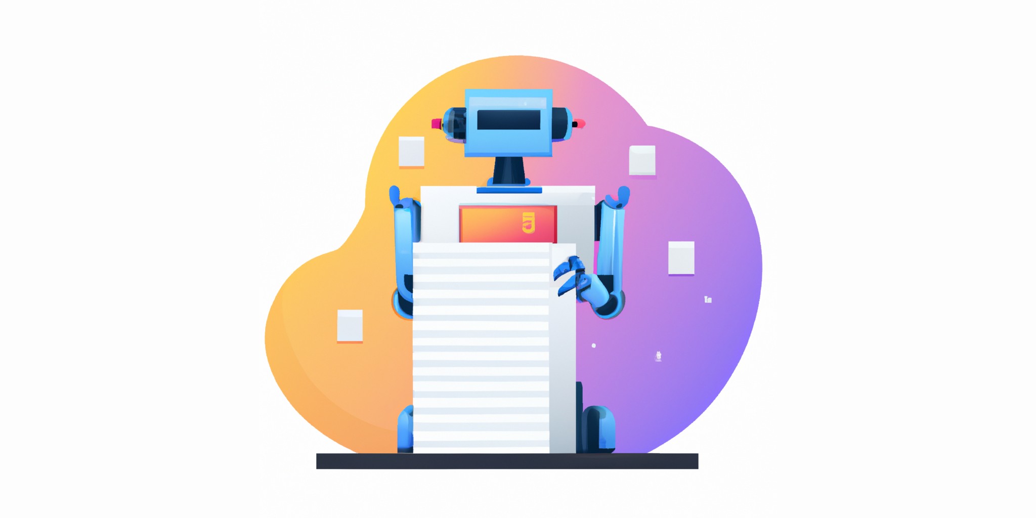 a robot and stack of papers in flat illustration style with gradients and white background