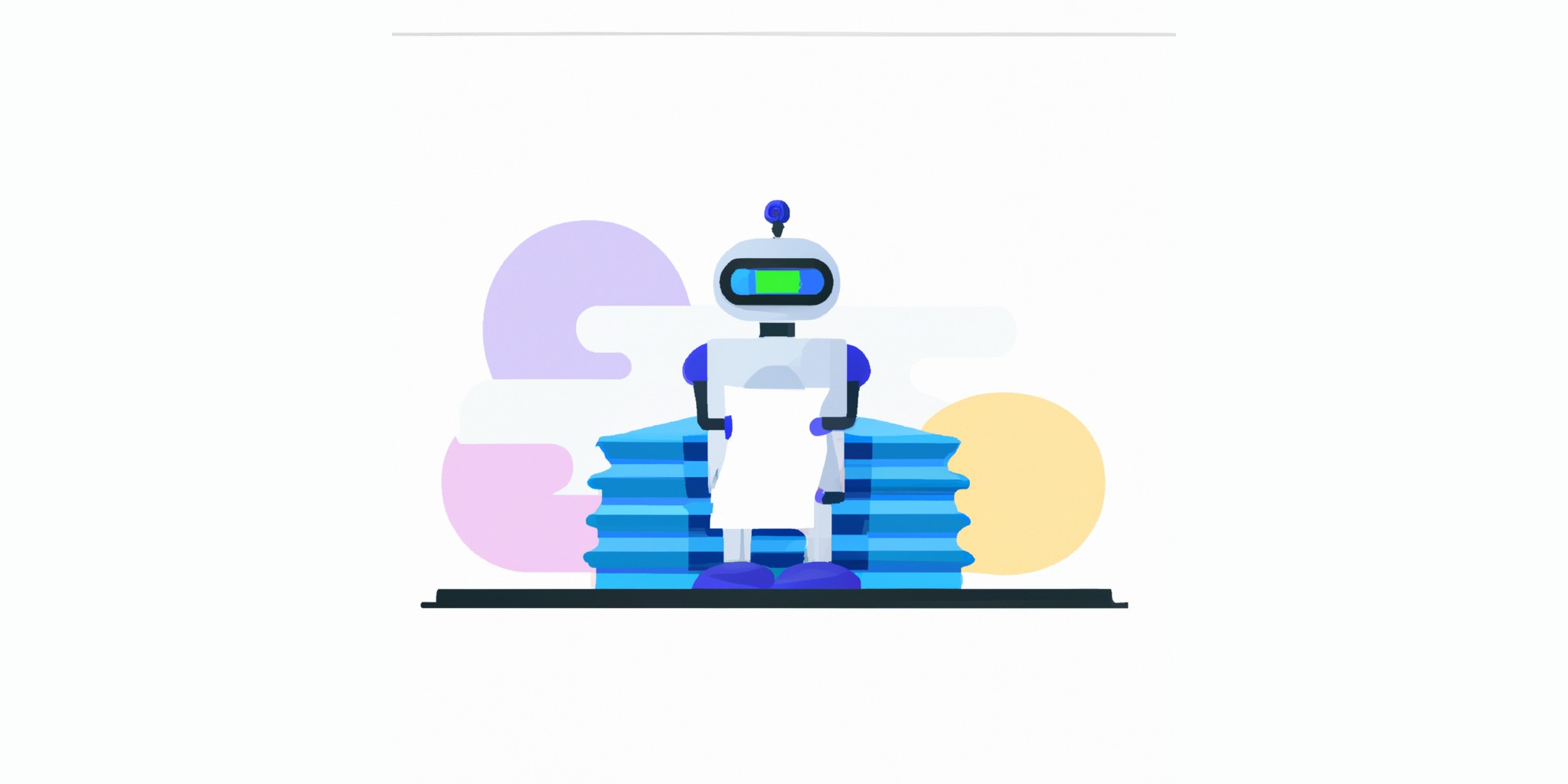 a robot and stack of papers in flat illustration style with gradients and white background