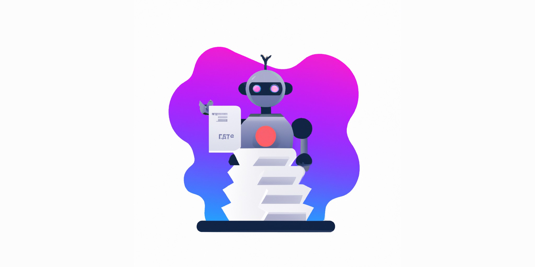 a robot and stack of papers in flat illustration style with gradients and white background