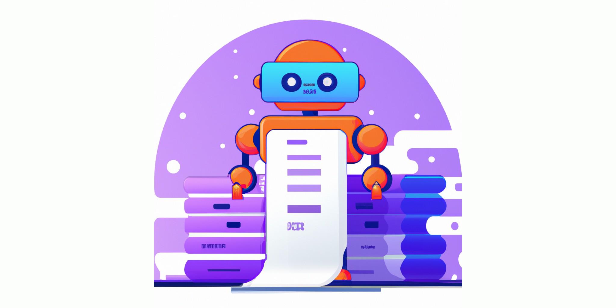 a robot and stack of papers in flat illustration style with gradients and white background