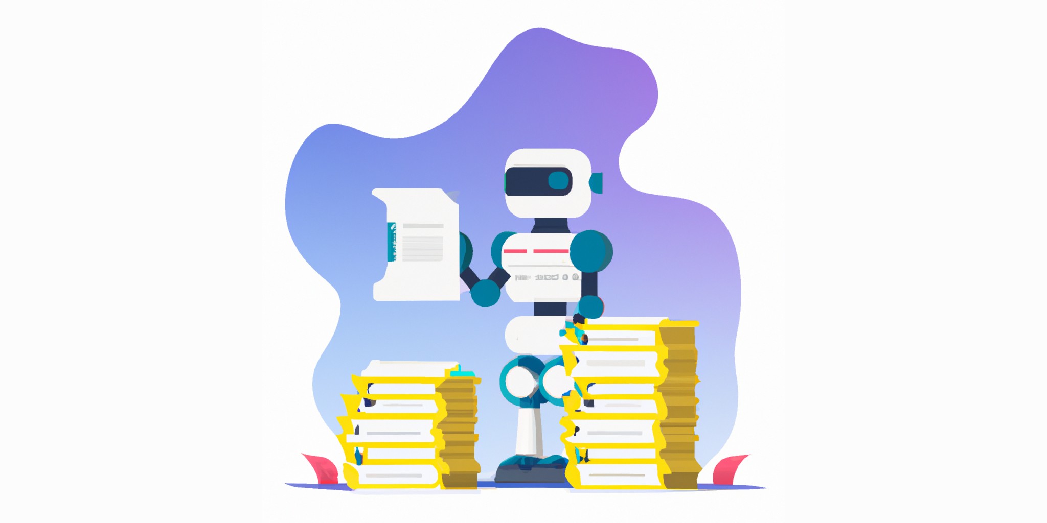 a robot and stack of papers in flat illustration style with gradients and white background