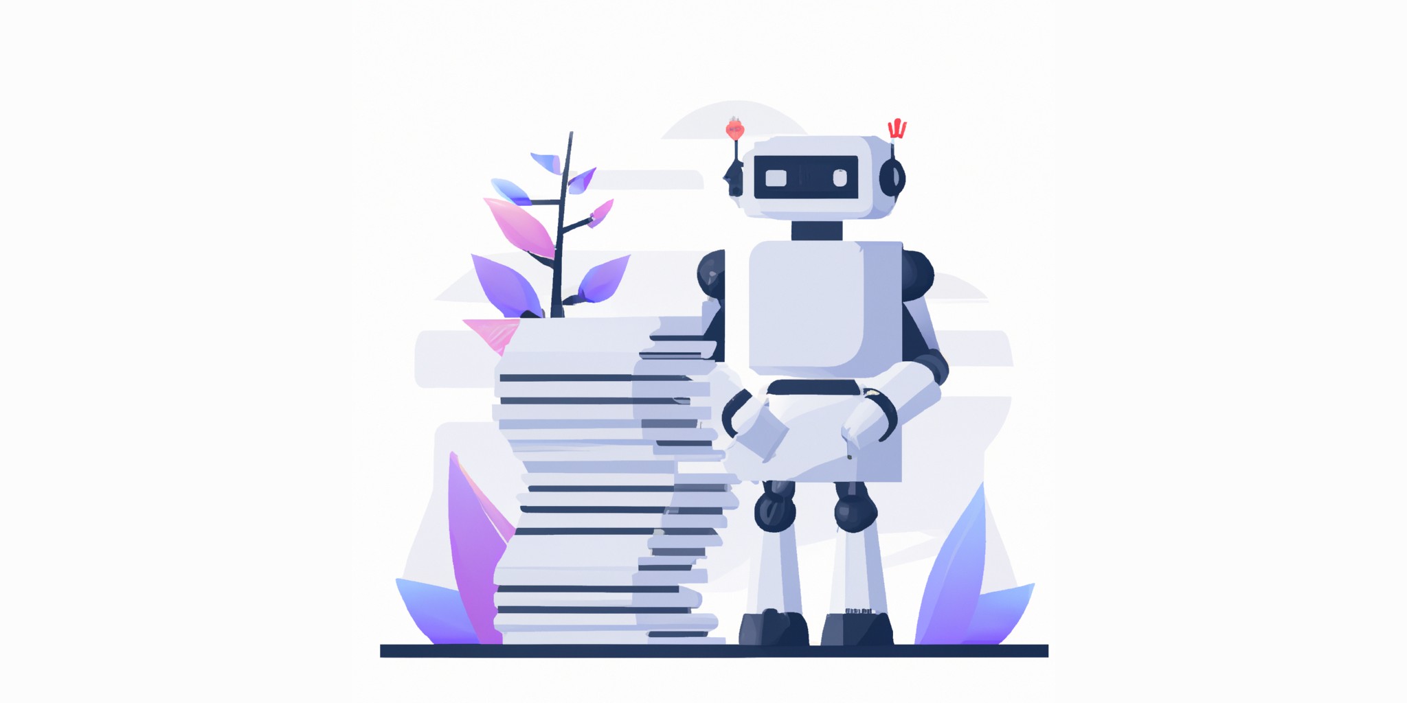 a robot and stack of papers in flat illustration style with gradients and white background