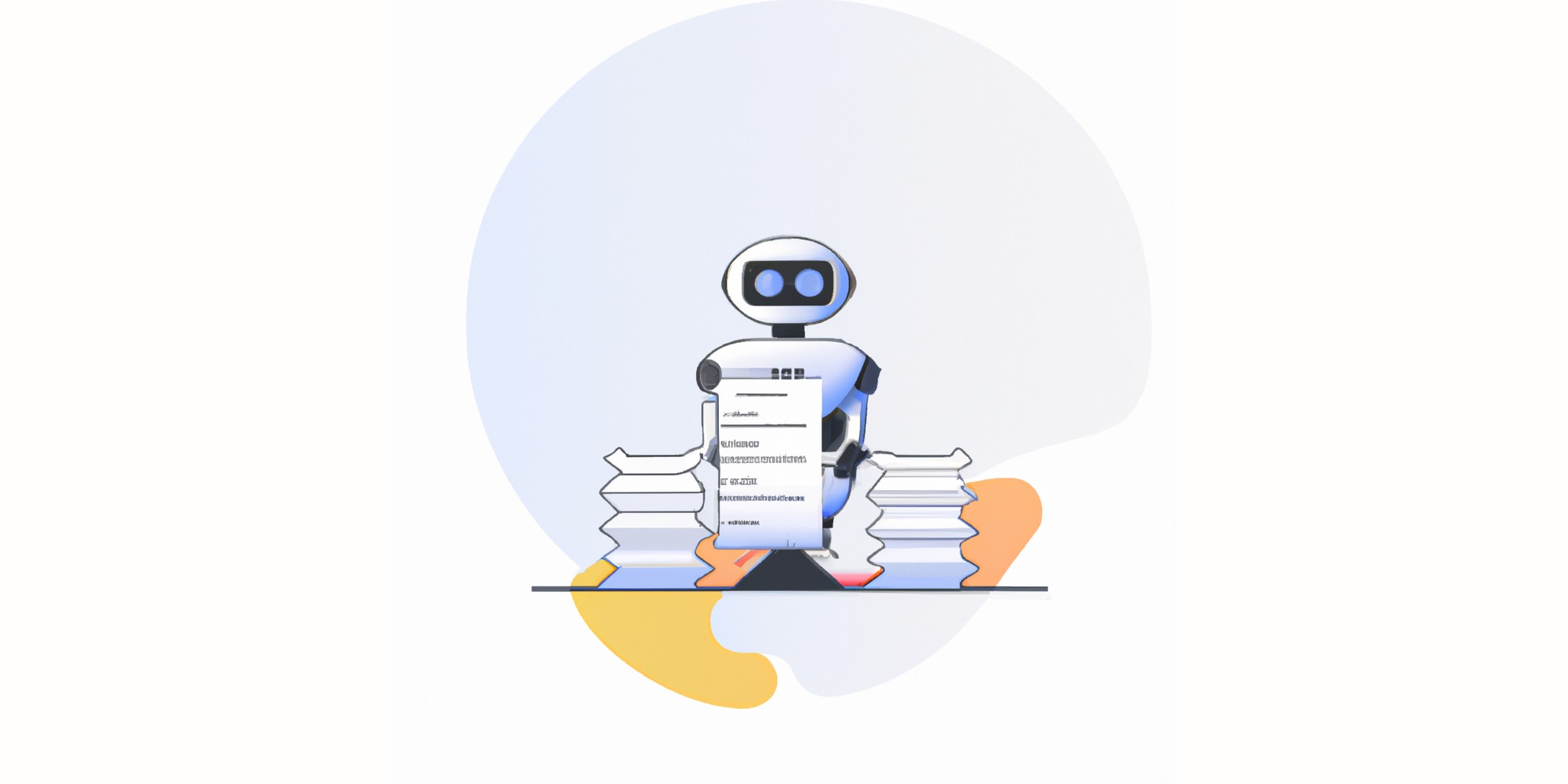 a robot and stack of papers in flat illustration style with gradients and white background