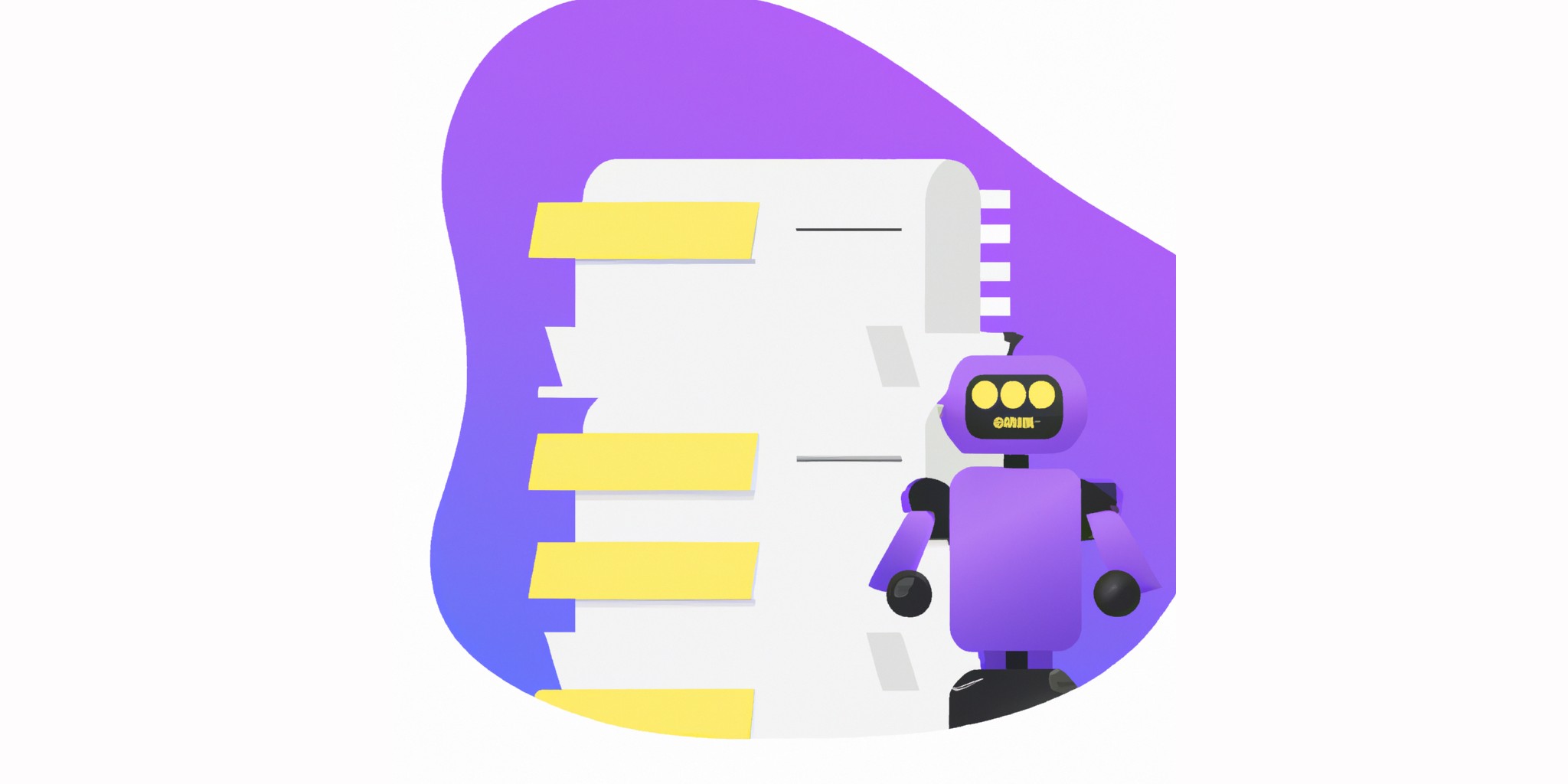 a robot and stack of papers in flat illustration style with gradients and white background