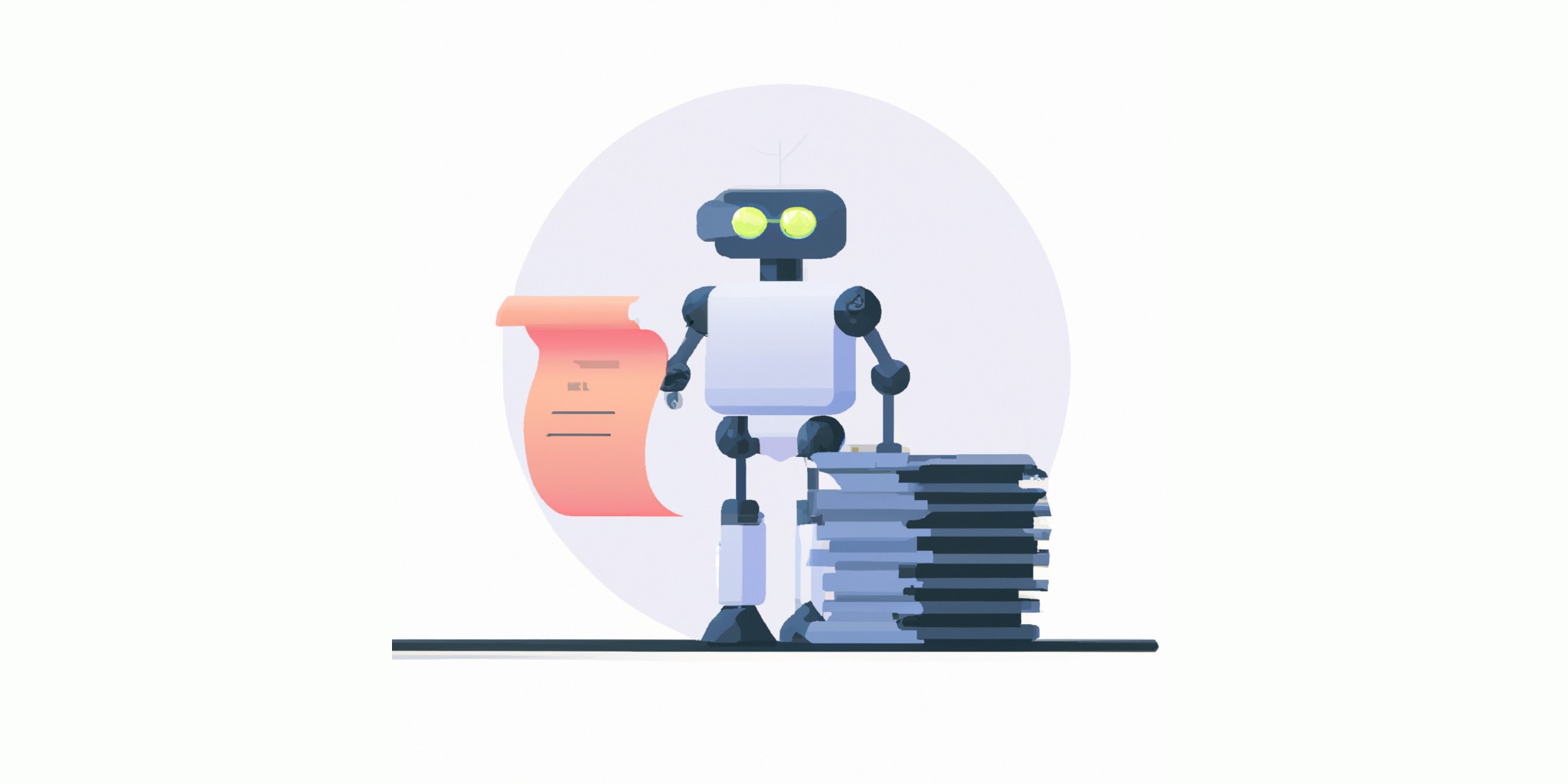 a robot and stack of papers in flat illustration style with gradients and white background