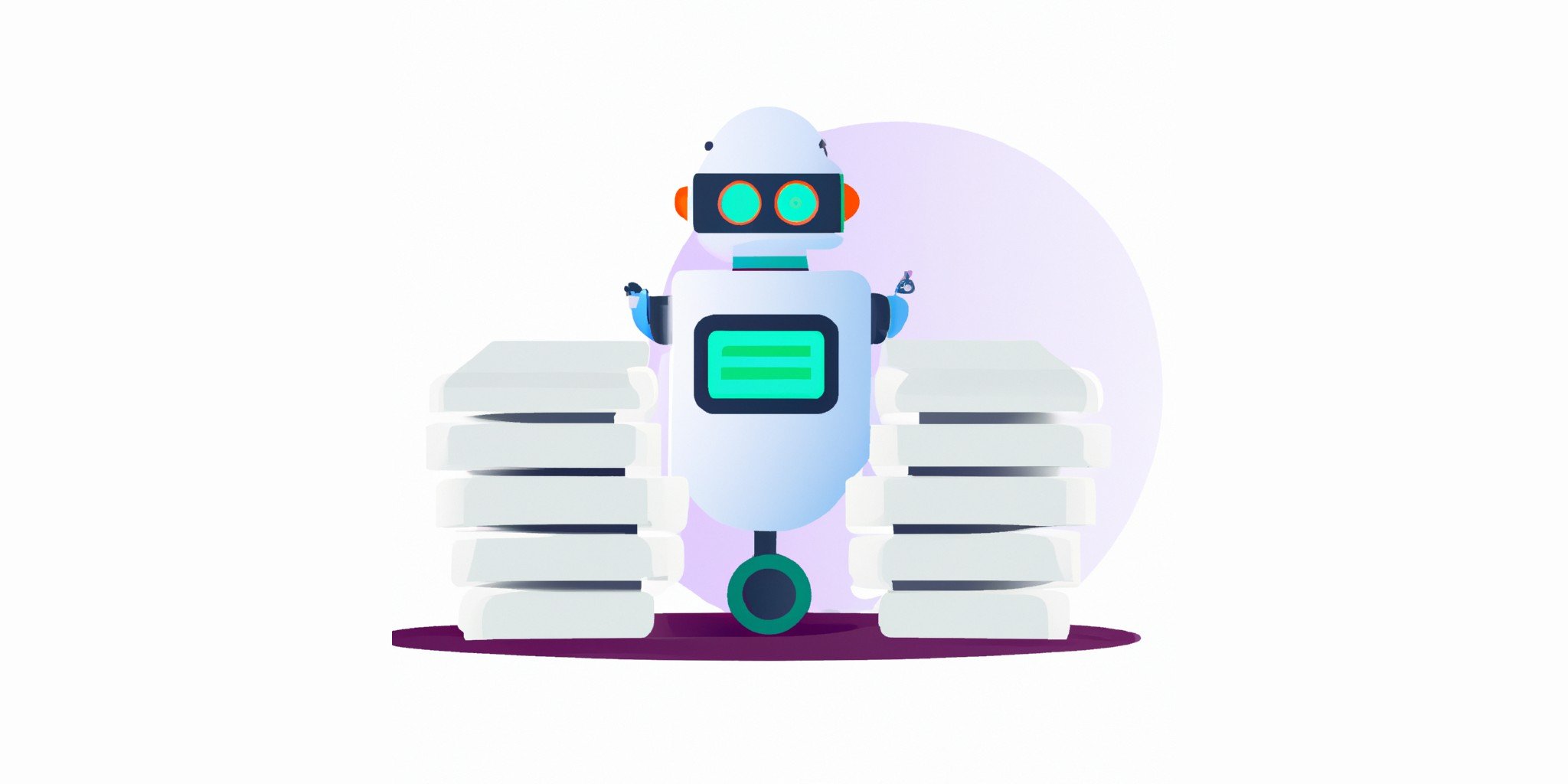 a robot and stack of papers in flat illustration style with gradients and white background