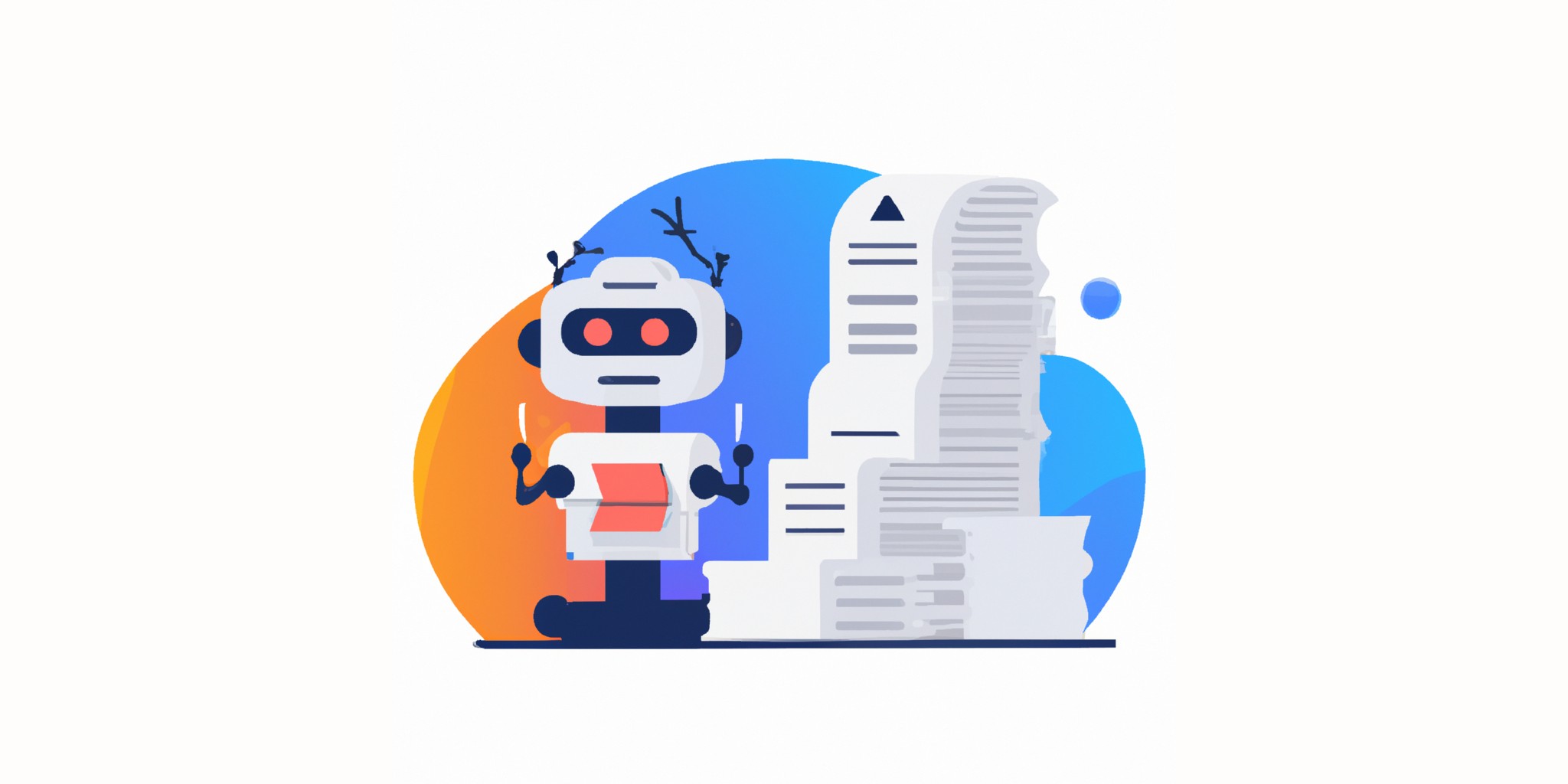 a robot and stack of papers in flat illustration style with gradients and white background