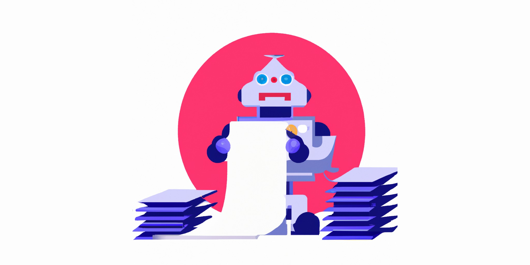 a robot and stack of papers in flat illustration style with gradients and white background