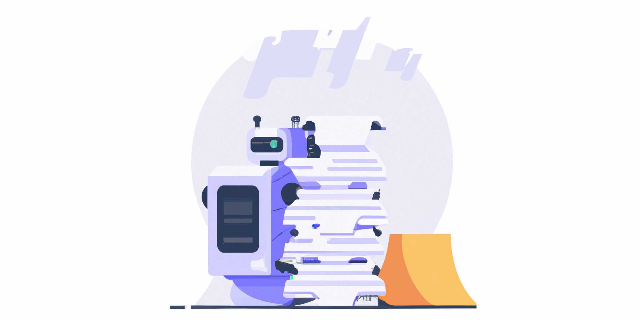 a robot and stack of papers in flat illustration style with gradients and white background