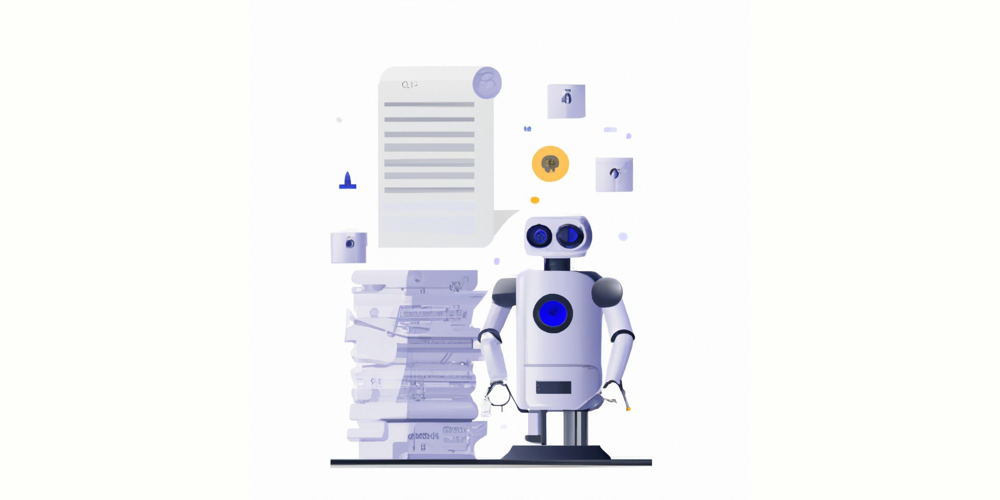 a robot and stack of papers in flat illustration style with gradients and white background