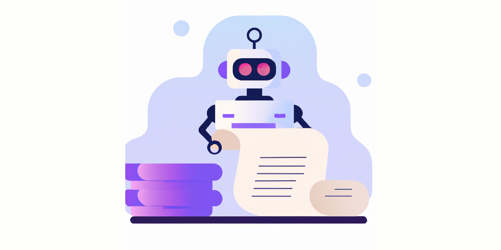 a robot and stack of papers in flat illustration style with gradients and white background