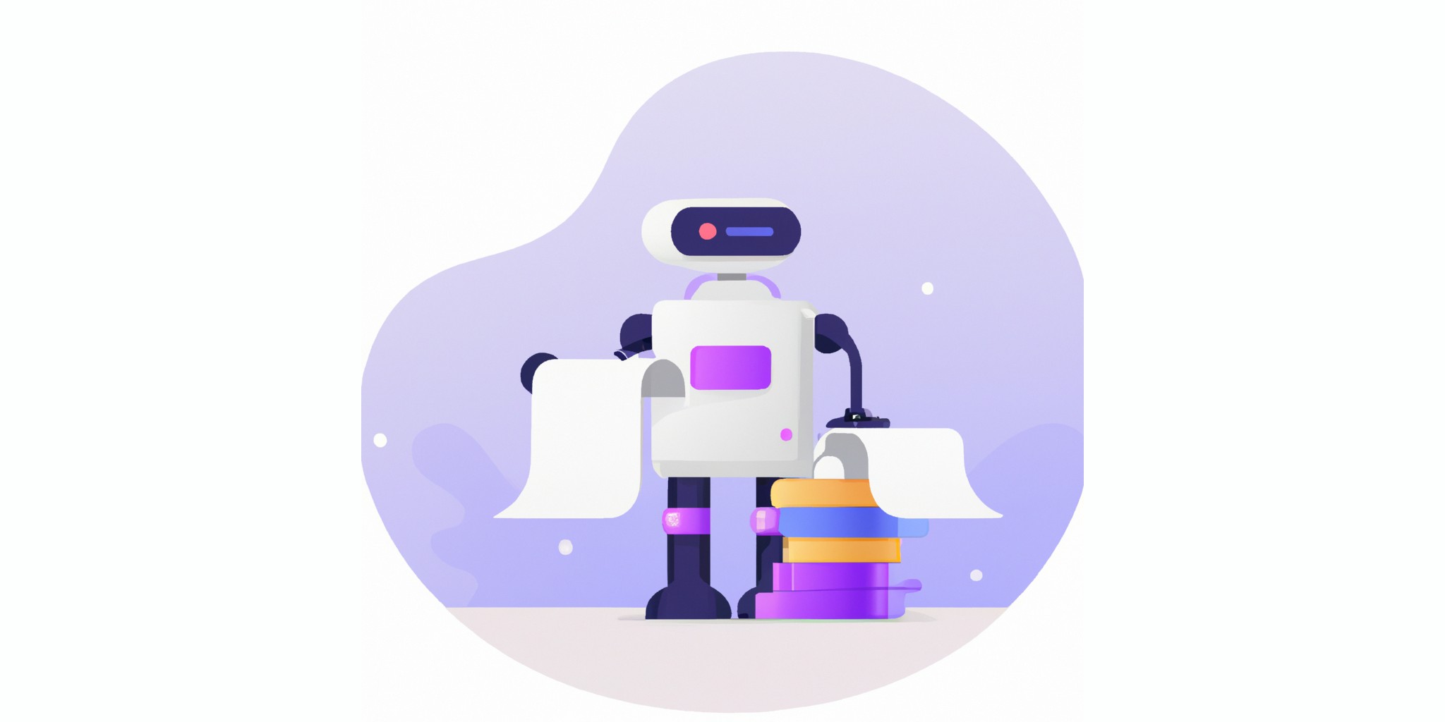 a robot and stack of papers in flat illustration style with gradients and white background