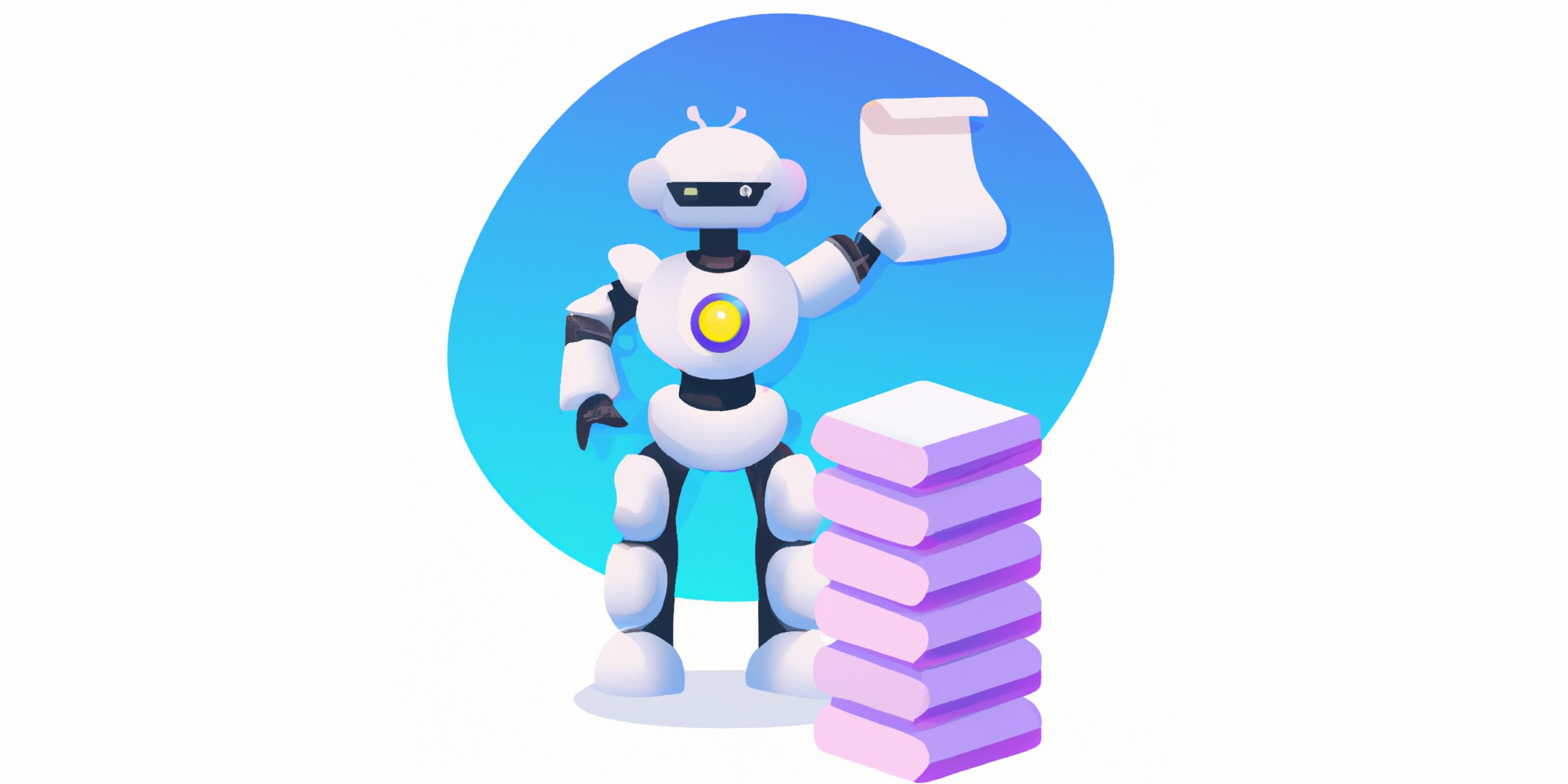 a robot and stack of papers in flat illustration style with gradients and white background