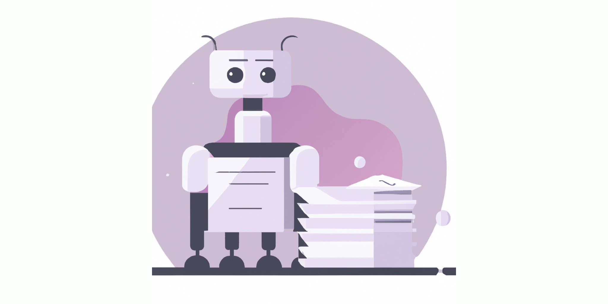 a robot and stack of papers in flat illustration style with gradients and white background