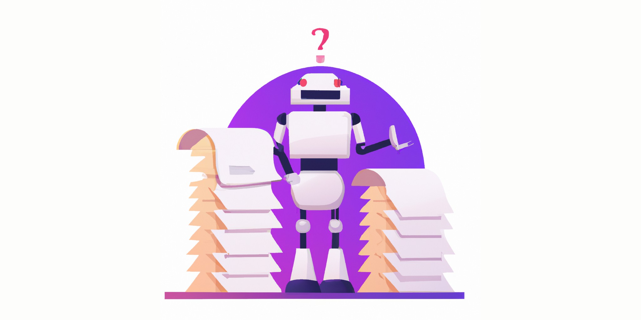 a robot and stack of papers in flat illustration style with gradients and white background