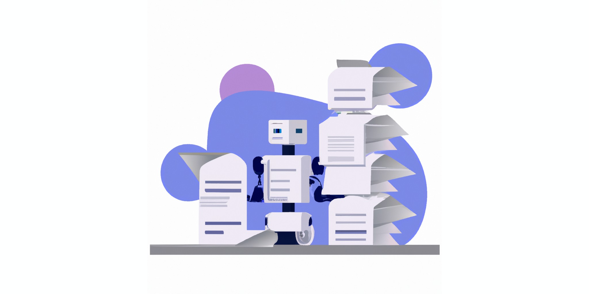 a robot and stack of papers in flat illustration style with gradients and white background