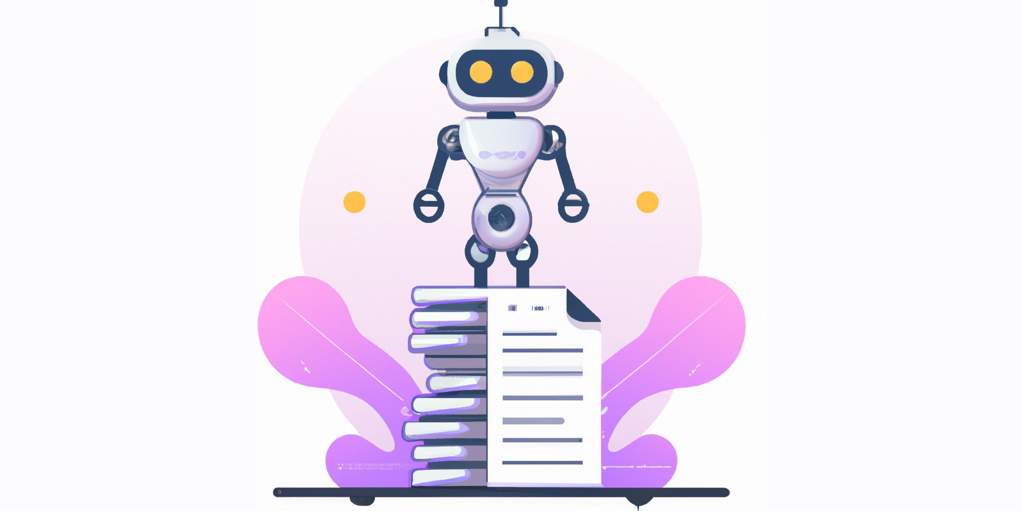 a robot and stack of papers in flat illustration style with gradients and white background