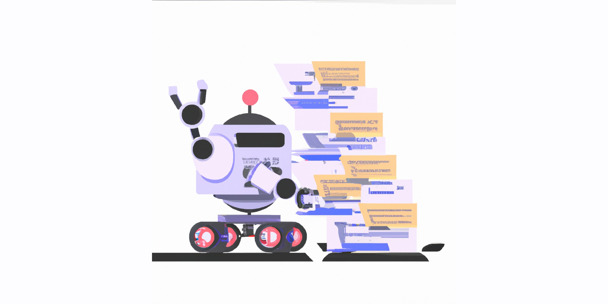 a robot and stack of papers in flat illustration style with gradients and white background