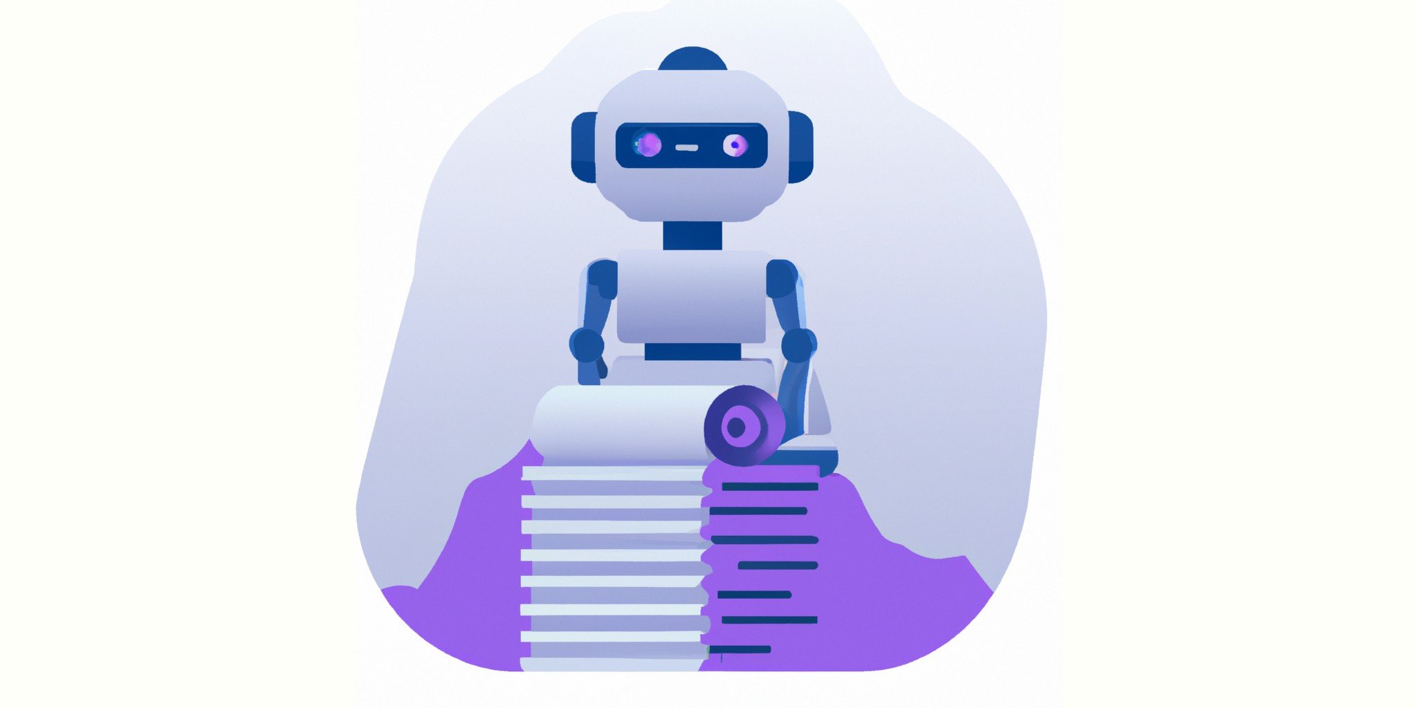 a robot and stack of papers in flat illustration style with gradients and white background