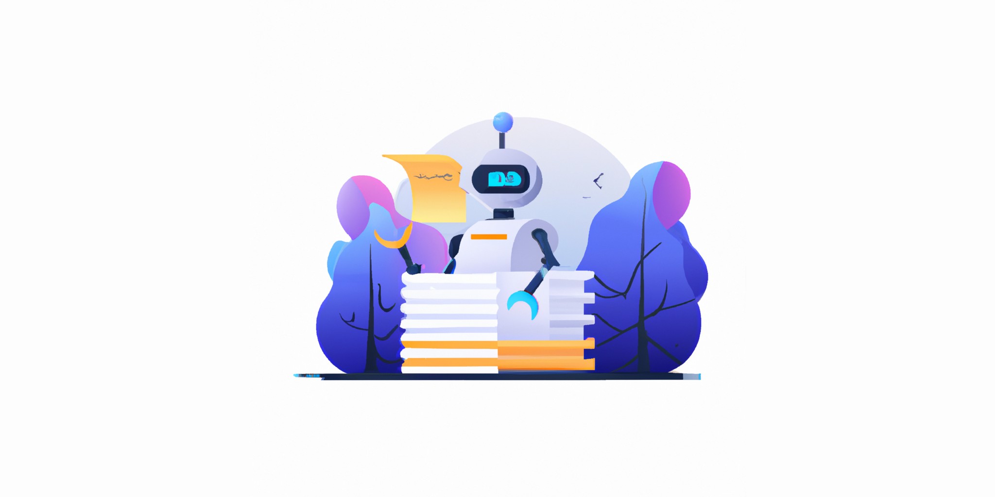 a robot and stack of papers in flat illustration style with gradients and white background