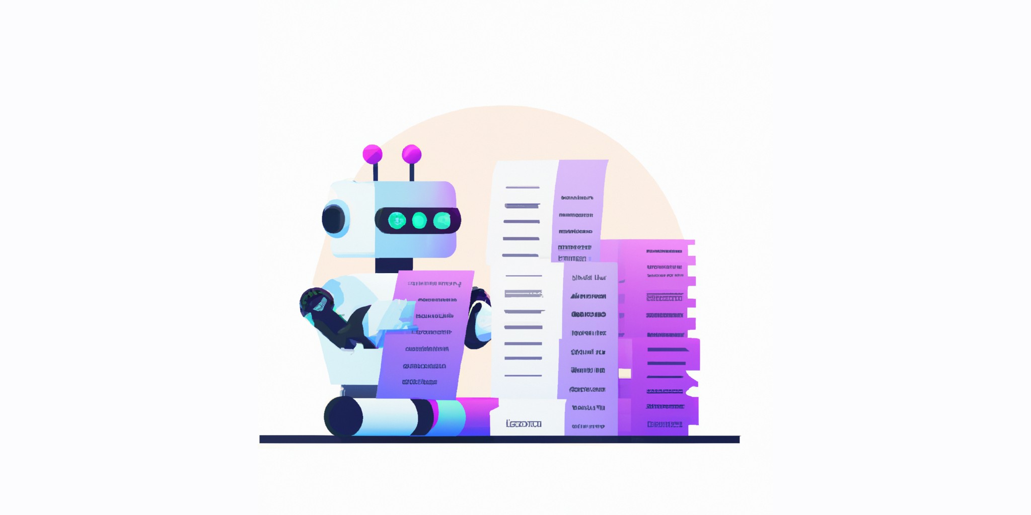 a robot and stack of papers in flat illustration style with gradients and white background