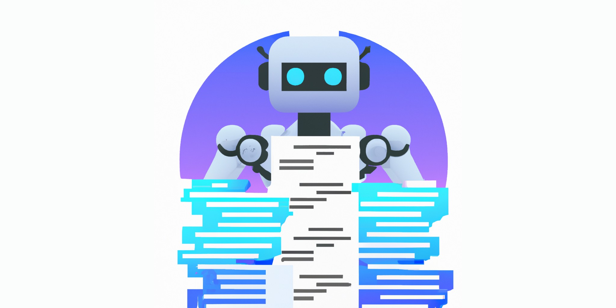 a robot and stack of papers in flat illustration style with gradients and white background