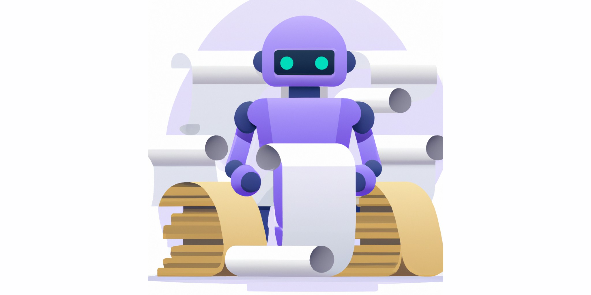 a robot and stack of papers in flat illustration style with gradients and white background