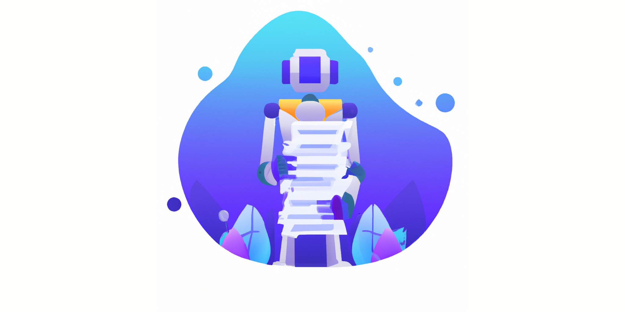 a robot and stack of papers in flat illustration style with gradients and white background