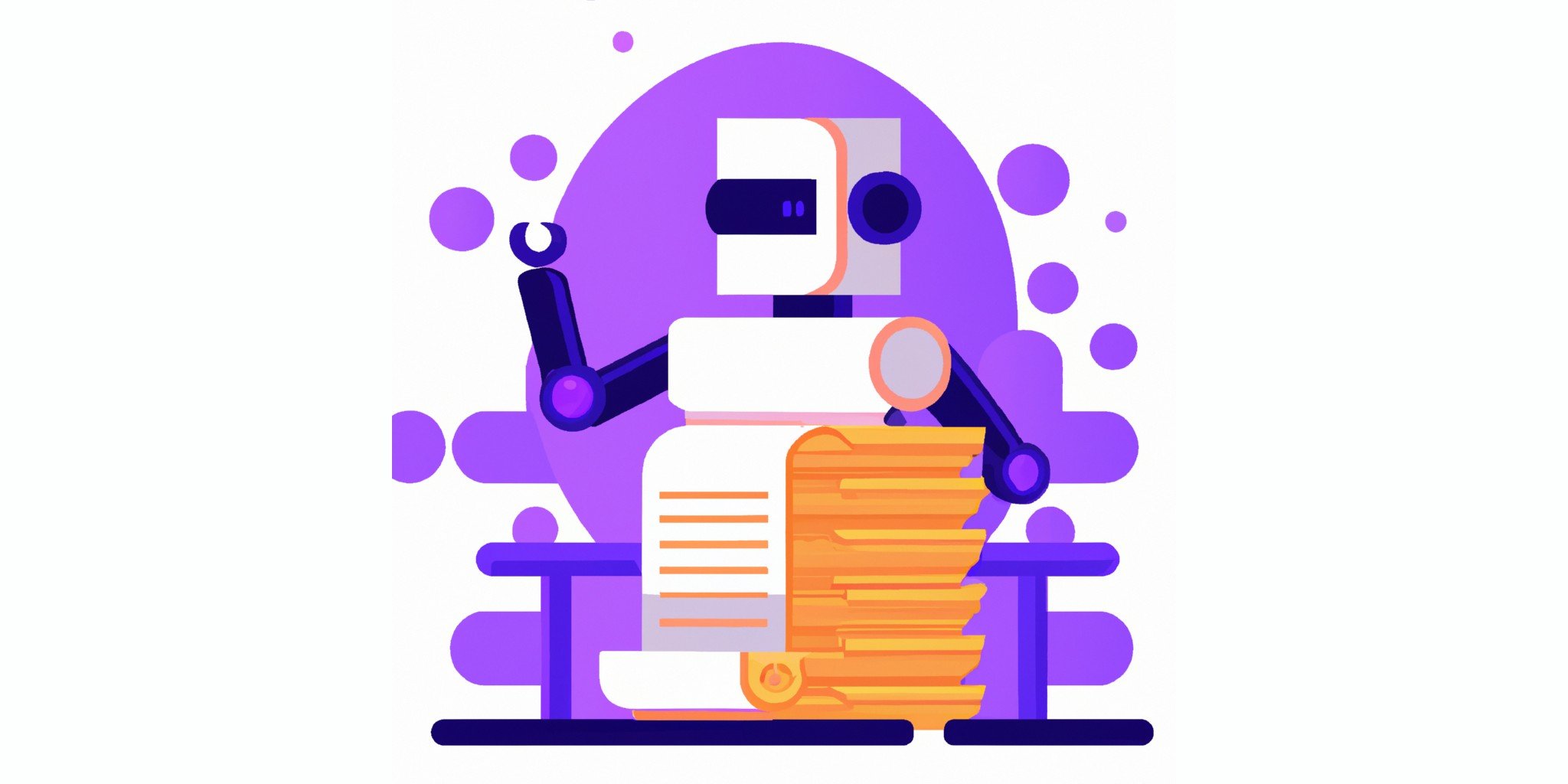 a robot and stack of papers in flat illustration style with gradients and white background