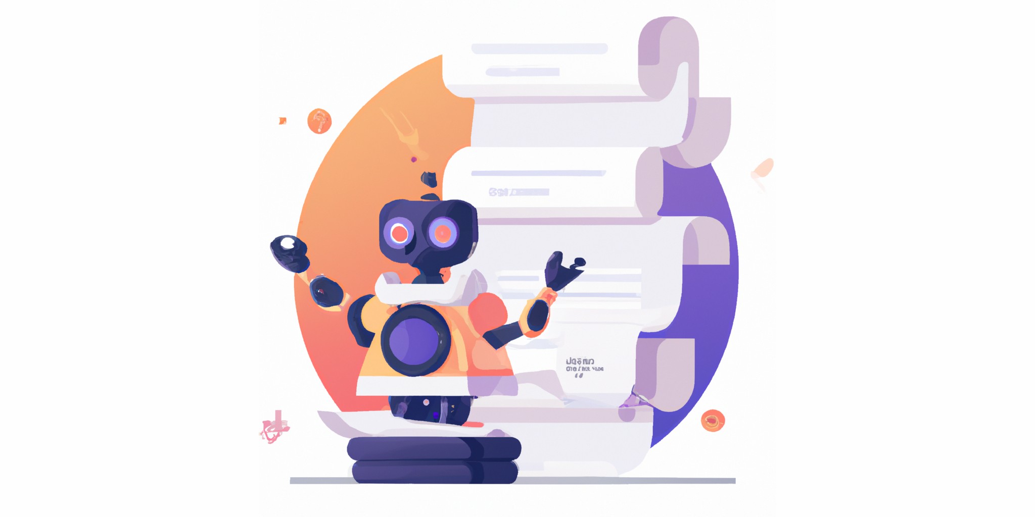 a robot and stack of papers in flat illustration style with gradients and white background