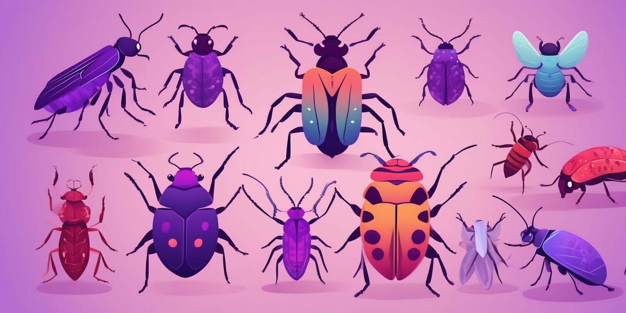 Bugs in flat illustration style, colorful purple gradient colors