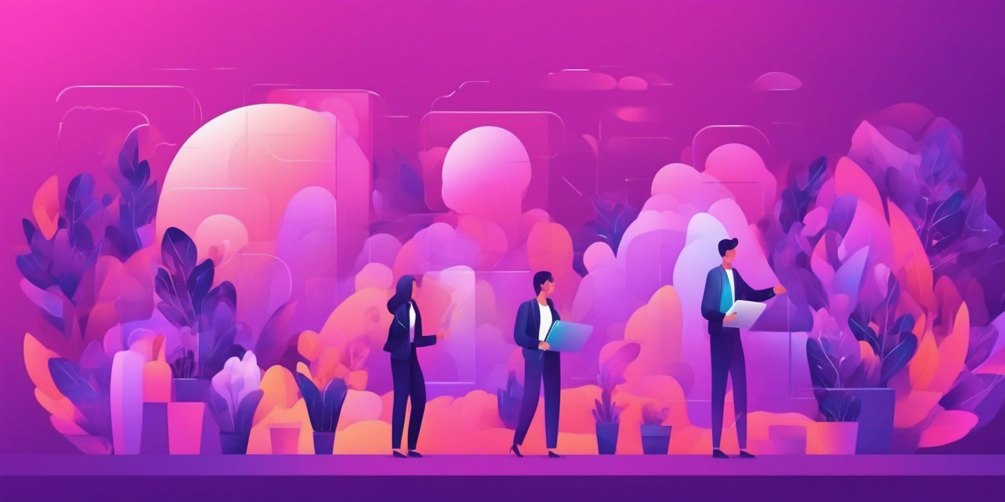 Promotional outreach in flat illustration style, colorful purple gradient colors