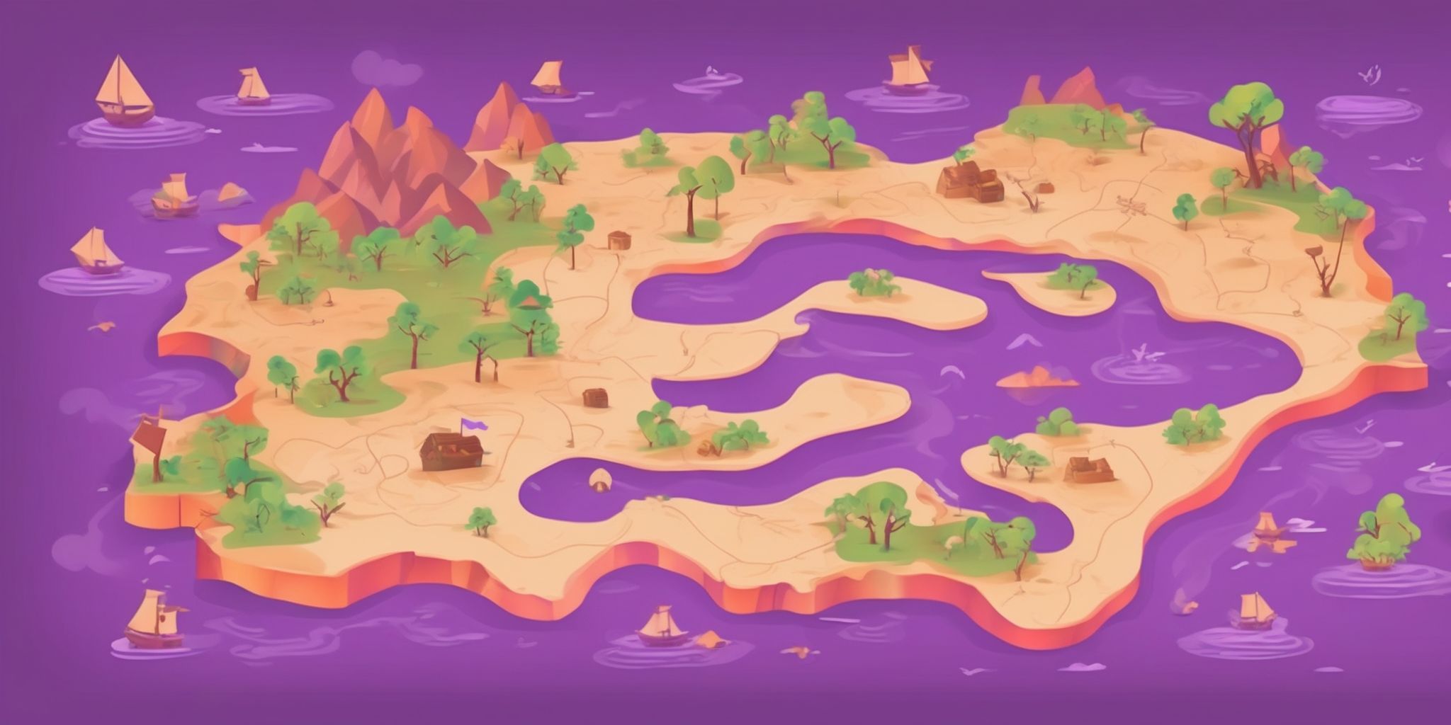 Treasure map in flat illustration style, colorful purple gradient colors